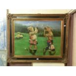 An ornate gilt framed oil on canvas of dogs playing golf signed bottom right