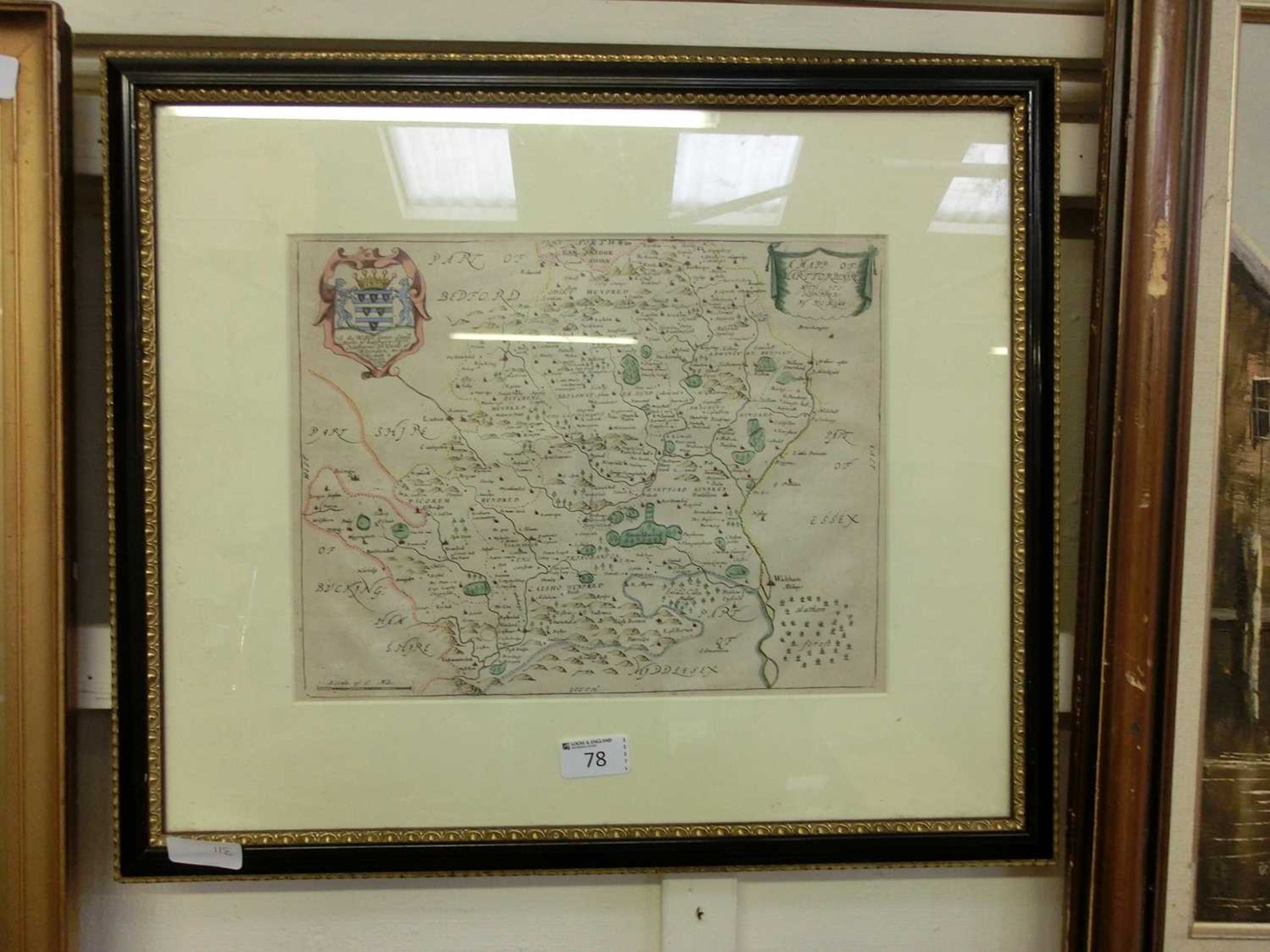 A framed and glazed map of Hertfordshire