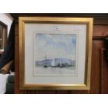 A framed and glazed watercolour of sailing vessels signed Ian Jenkinson