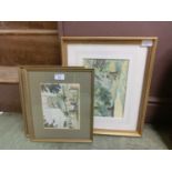 Three framed and glazed watercolours to include woodland scene, church scene, and harbour scene, two