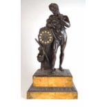 A 19th century French bronze and marble mantle clock, the figure of a man feeding a child next to