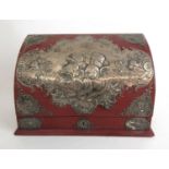 A late Victorian leather and silver mounted stationery box with embossed putti design. Hallmarked