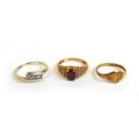 A 9ct gold, ruby and diamond dress ring together with a 9ct gold and CZ ring and one other yellow