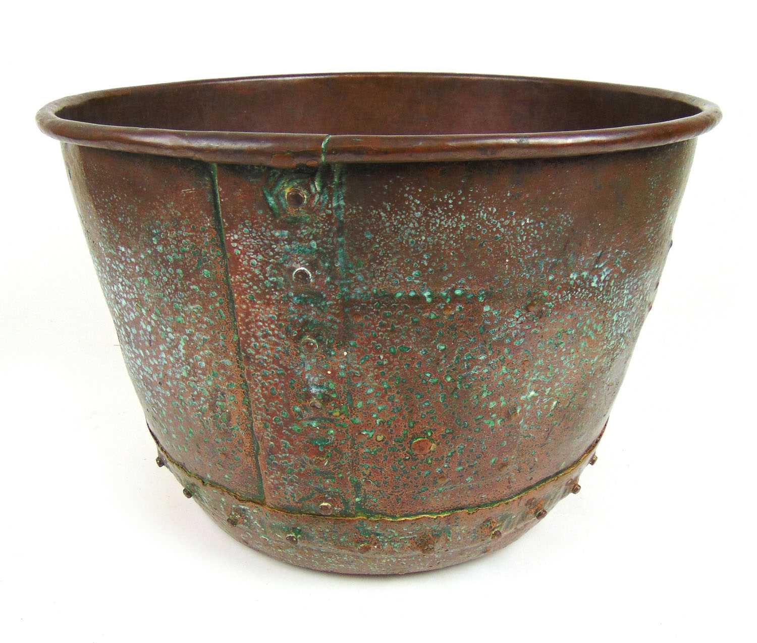 A 19th century copper log bin with riveted body, h. 32 cm, dia. 36 cmCondition commensurate with