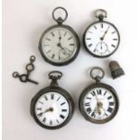 A collection of four silver pocket watches (and one thimble) to include a pair cased verge fusee