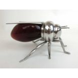 A Mappin & Webb silver plated and ruby glass preserve pot in the form of a bee, l. 17 cm