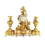 A 19th century French gilt brass and alabaster clock garniture with cupid design, h. 53 cmNo key.