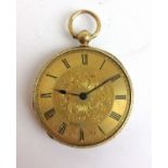 A Victorian 18ct gold fob watch with yellow metal dial. Approx weight 50gDust cover marked 18k. No