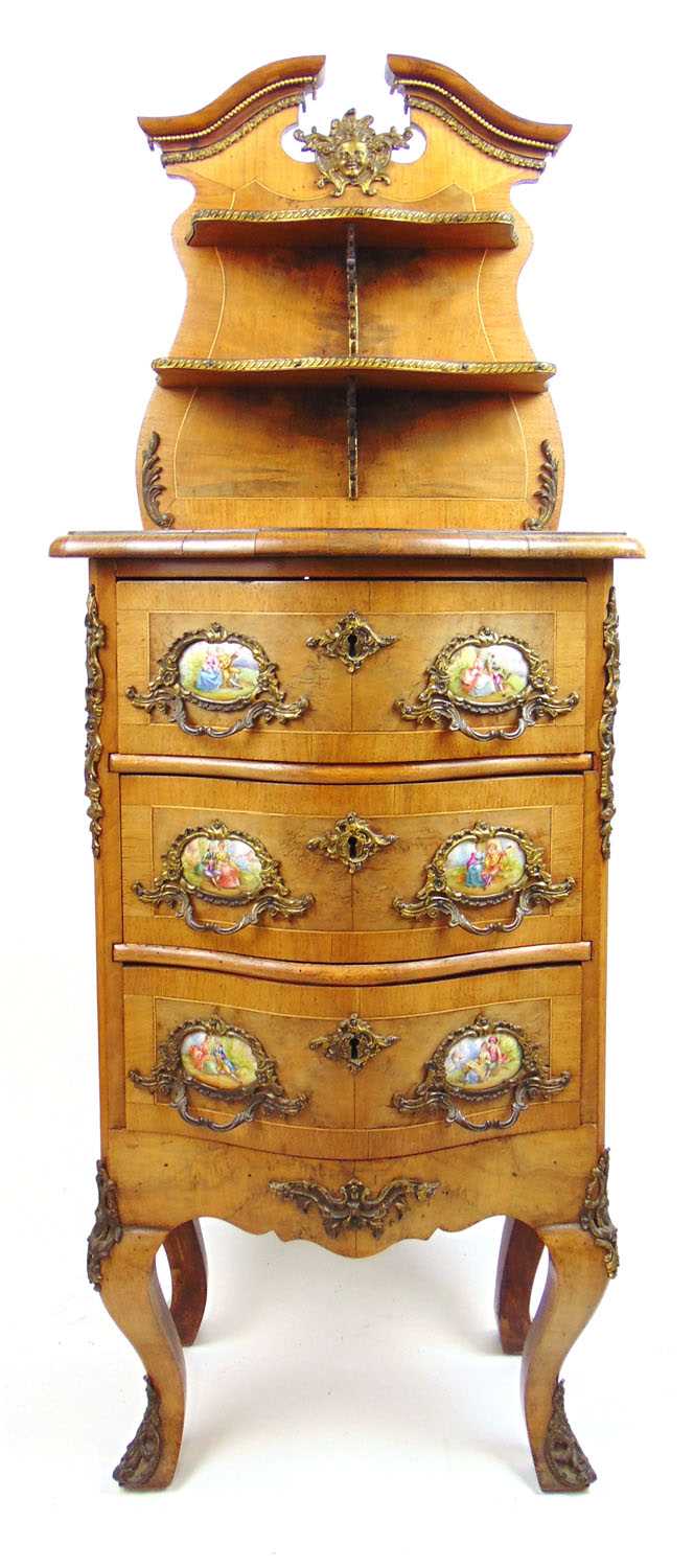 A 19th century French burr walnut boxwood strung and brass mounted chest of drawers. The