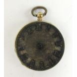 A yellow metal fob watch. Approx weight 39g. A/Fcase dia. 3.75 cm. Dust cover not marked. No