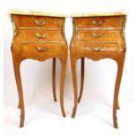 A pair of 19th century style French kingwood, brass mounted and marquetry bedside tables, the marble