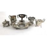 An assortment of silver items to include an inkstand, trophy, mug, small rose bowl etc. Various