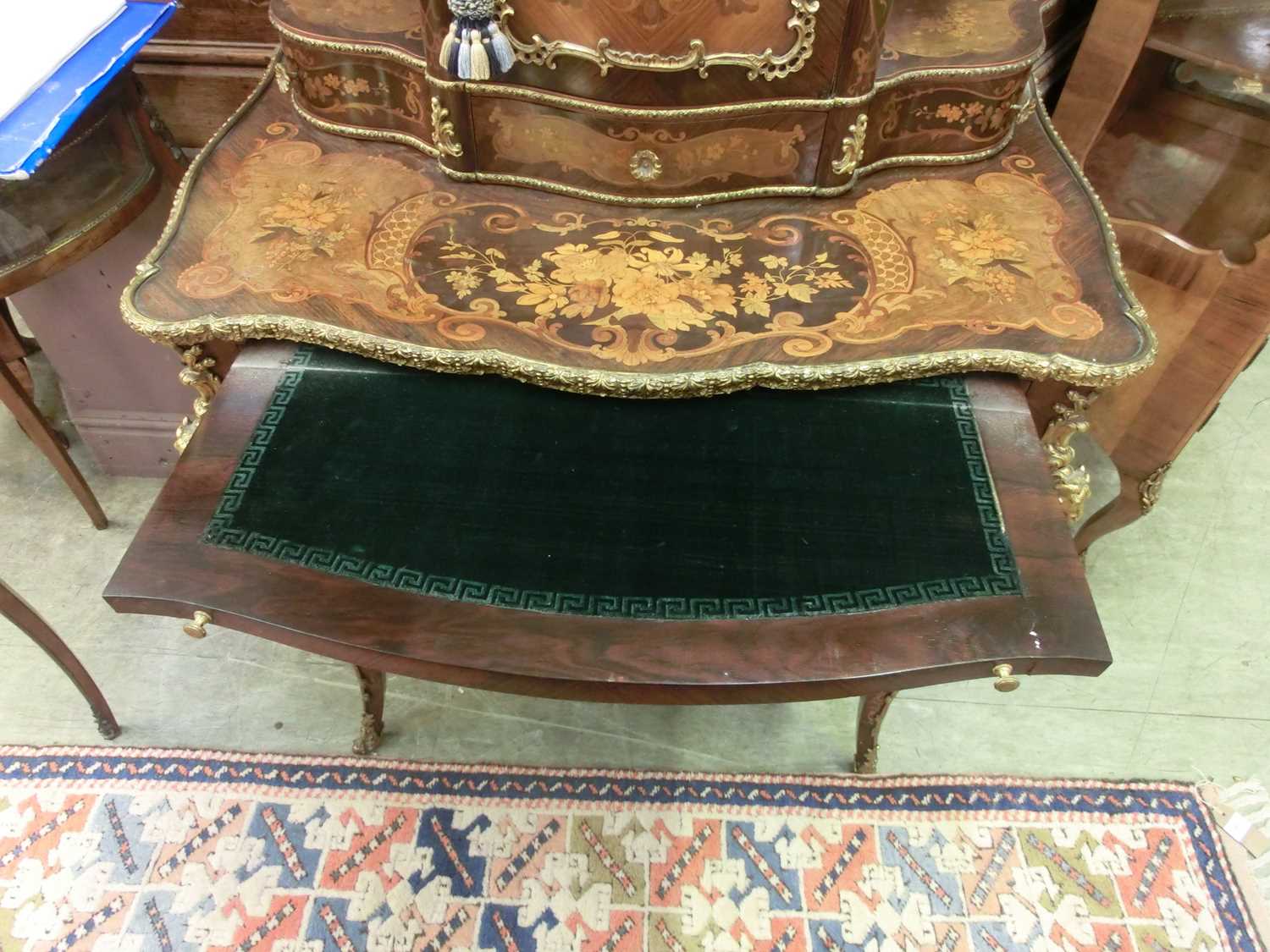 A 19th century French rosewood, marquetry and gilt brass mounted side cabinet, the galleried top - Bild 8 aus 15