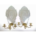 A pair of Venetian florally etched mirrors with three branch candle holders, h. 47 cm, w. 28