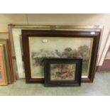 Three framed and glazed prints to include church interior, farmyard scene, etc