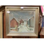 A framed oil on board of snowy lane scene signed Axel Smith '54