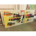 Three abstract artworks on canvas, possibly by Dawn Willetts