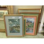Five framed and glazed needleworks of lighthouse, countryside, etc