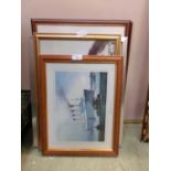 Three framed and glazed prints of ships and buildings along with a three dimensional artwork