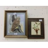 A framed and glazed possible watercolour of owl together with a framed and glazed feather artwork