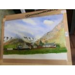 Two unframe watercolours of sheep in lane and farmyard scene