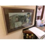A framed and glazed watercolour of farmer holding chicken