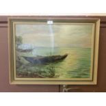 Framed oil on canvas of boat by shore scene, signed bottom right, dated 1959