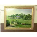 Large ornate gilt framed oil on canvas of cows in field, signed bottom right