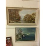 2 mid 20th Century framed oil on canvases of woodland river scene and shoreline