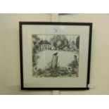 Framed and glazed monochrome etching of blackbirds in garden