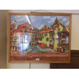 Framed and glazed watercolour of continental town scene