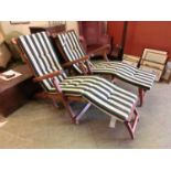 Pair of teak reclining garden chairs with fabric removable seats