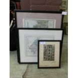 3 framed and glazed artworks incl. map of Warwickshire, etching of building and print of the