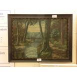 Framed oil on canvas of woodland river scene, signed Ficke