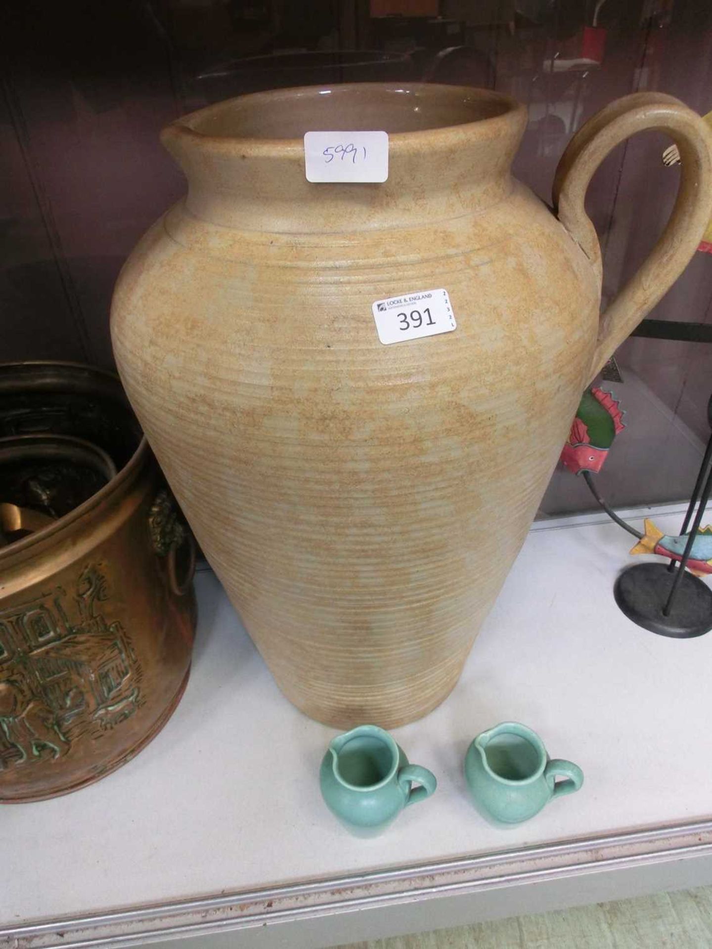 Large glazed stoneware water jug with 2 smaller glazed stoneware jugs