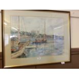 A framed and glazed watercolour of boating scene signed bottom right