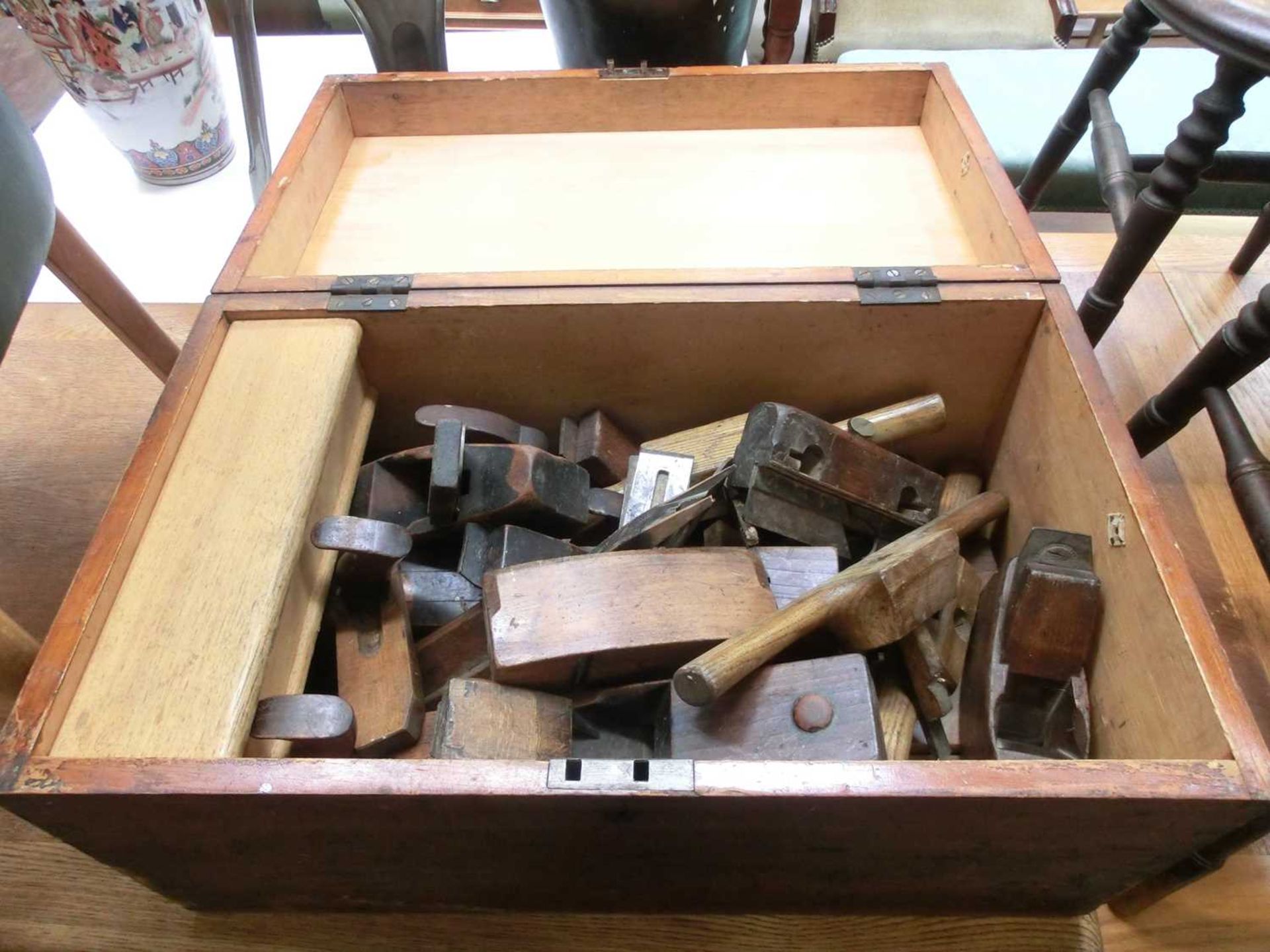 Victorian pine toolbox with assorted wooden planes