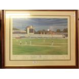 A framed and glazed print of cricket scene of Warwickshire County Cricket Club signed in pencil