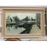 A mid-20th century framed print of barges