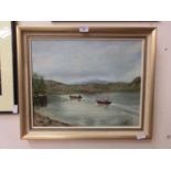 A framed oil on canvas of boats on lake scene signed R.Melville dated 1973