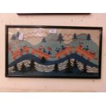 A framed and glazed needlework of mountainside train scene initialled S.R dated 1950