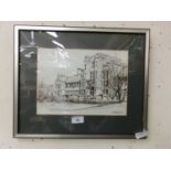 A framed and glazed pen drawing of building signed Paul Buckingham