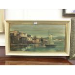 A framed oil on canvas of continental harbour scene signed bottom right