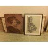Four artworks to include pencil drawing of cottage, churches, etc