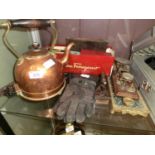 A selection of items to include copper kettle, driving gauntlets, postal scales, etc