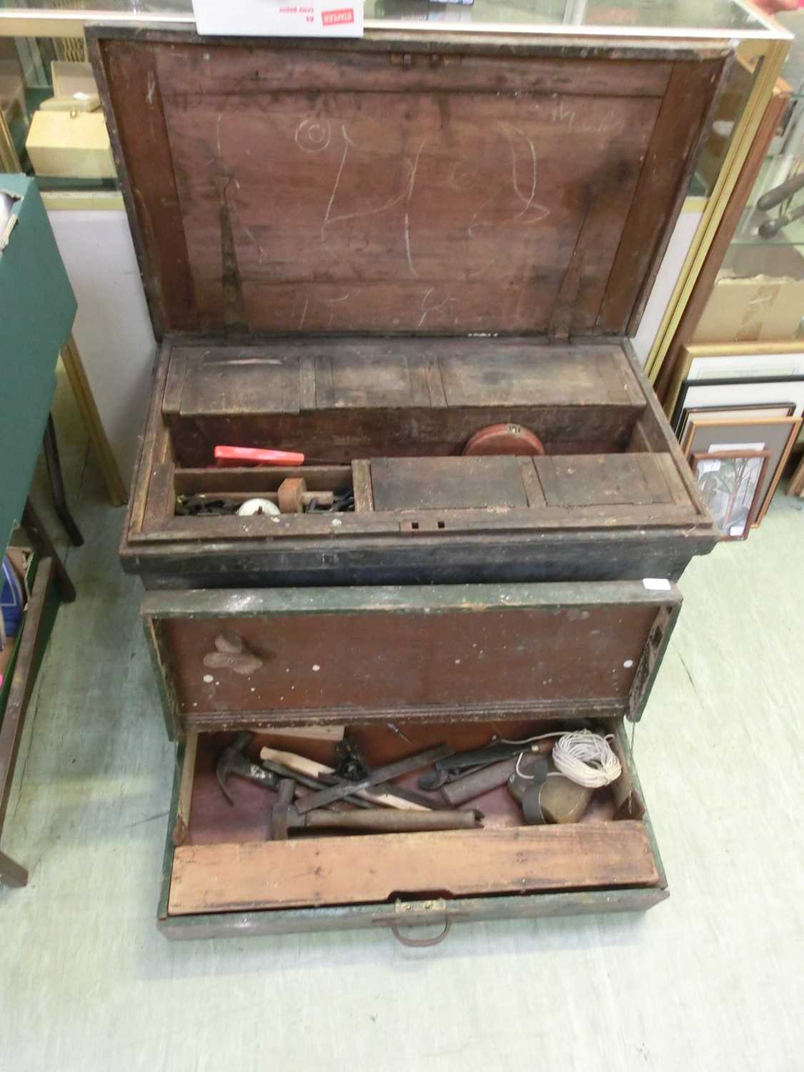 An early 20th century pine tool chest together with one other, including contents