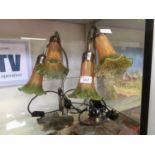 A pair of reproduction desk lamps with floral design glass lampshades