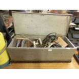 A box of miscellaneous items including carpenters toolbox, tools, lighting, shelves etc.