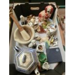 A tray containing a selection of items to include mortar and pestle, models of animals, teapot, etc