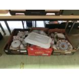 Three trays of mixed ceramic ware to include cabinet plates, slipware jug, tableware, etc